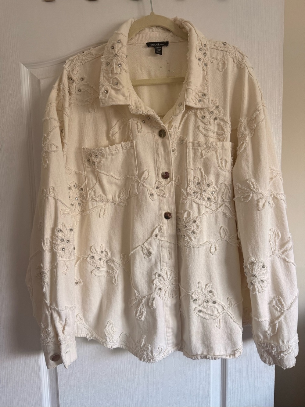 Embroidered Cream denim oversized shirt